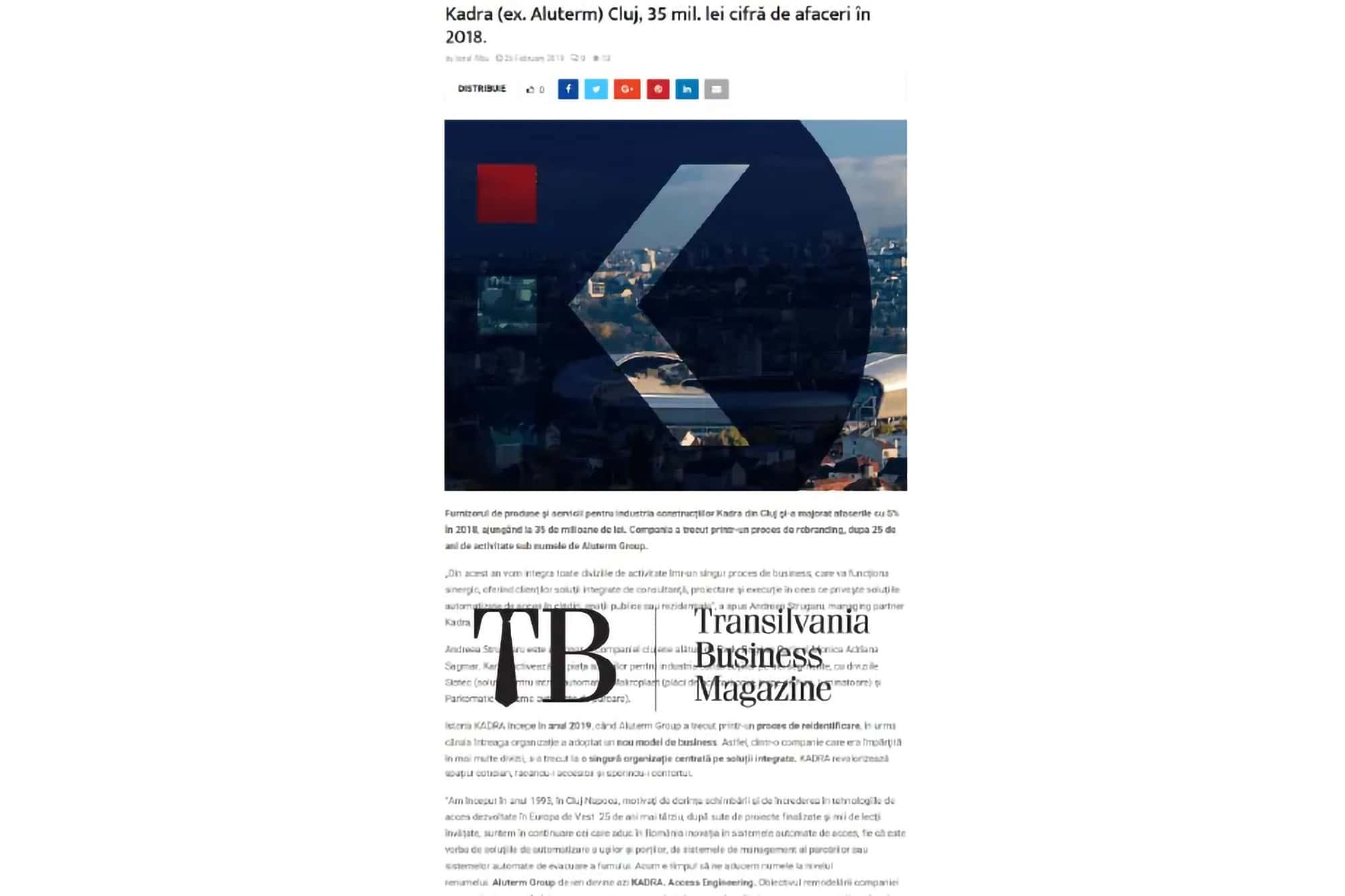 Apariție KADRA în Transilvania Business